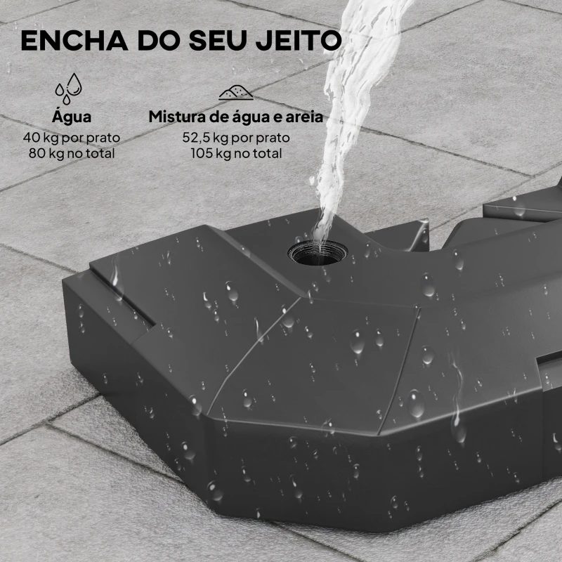 Outsunny Base para Chapéu de Sol de 2 Peças em HDPE Recarregável com Água 80 kg ou Mistura de Areia e Água 105 kg Preto