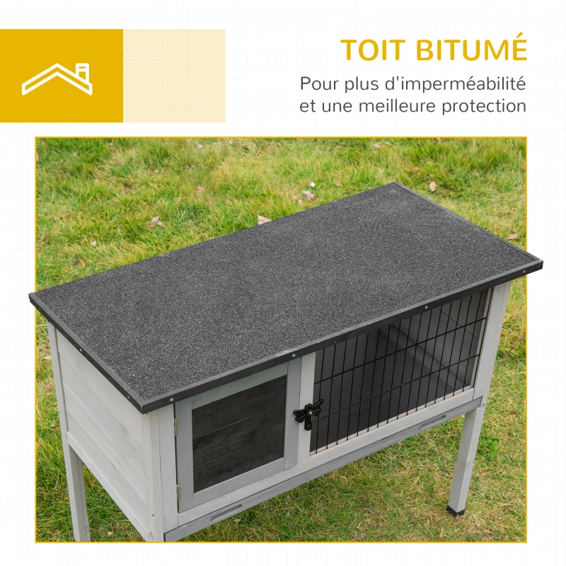 PawHut Clapier sur pieds cage à lapin avec niche intérieure plateau excrément coulissant porte verrouillable toit ouvrant bois de sapin gris blanc