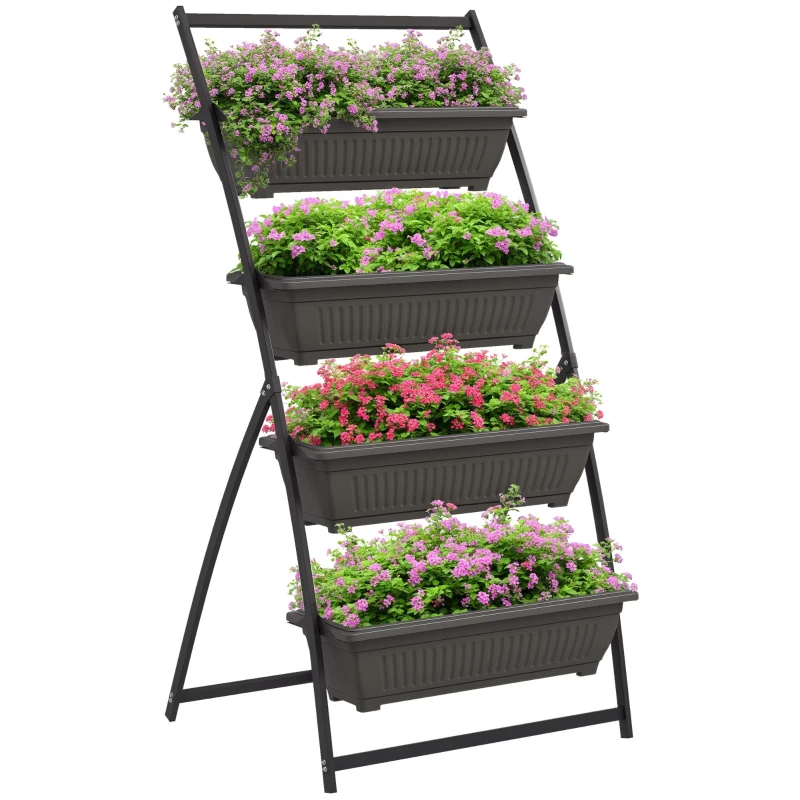 Outsunny Estante para Flores em Aço 4 Níveis, Suporte Vertical para Plantas com 4 Recipientes e Furos de Drenagem, 76x79x162cm, Castanho