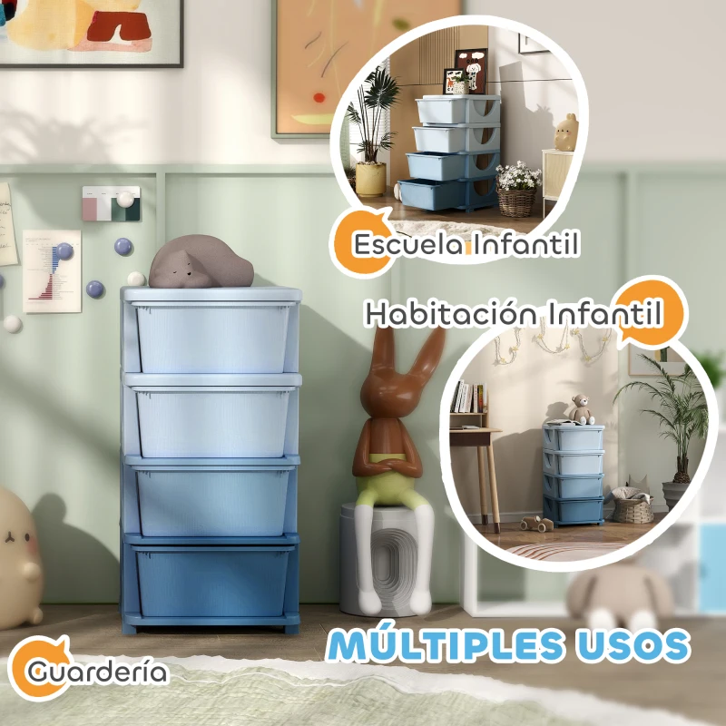 HOMCOM Torre de Almacenamiento Infantil con 4 Cajones para Niños de +3 Años con Bordes Redondeados y Asas 37x37x76 cm Azul
