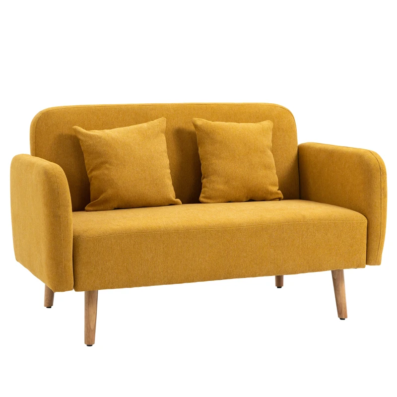 HOMCOM Canapea 2 locuri cu 2 perne decorative, loveseat mic din catifea, canapea tapițată modernă pentru living, dormitor, spațiu mic, Galben 130 x 70 x 80 cm