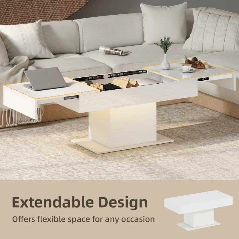 HOMCOM Extendable Coffee Table with LED Lights and Storage - High Gloss White