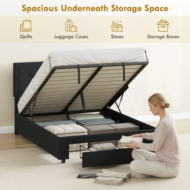 HOMCOM Double Ottoman Bed Frame, with Front Drawer - Black