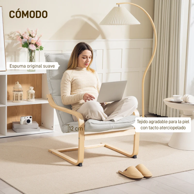 HOMCOM Sillón de Salón Moderno con Respaldo Alto Acolchado Patas de Madera y Tapizado en Terciopelo 67x83x105 cm Crema