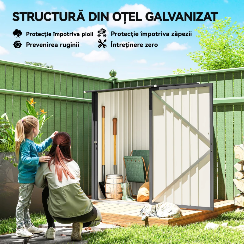 Outsunny Căsuță de Grădină 0.92m² din Oțel Zincat, Depozit pentru Unelte cu Ușă Blocabilă, Acoperiș Înclinat, 100x104x160 cm, Gri Închis