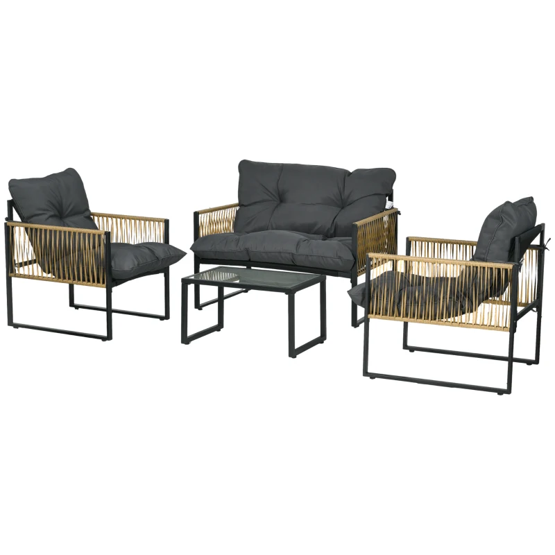 Outsunny Conjunto de jardim 4 peças sofá 2 lugares 2 poltronas e 1 mesa de centro tampo em vidro temperado 3 almofadas - cinza