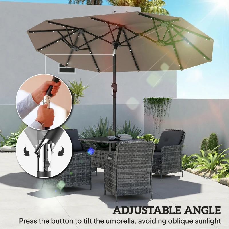 Outsunny Podwójny parasol 292 x 150 cm, parasol z oświetleniem LED, korbka, regulacja kąta, Khaki
