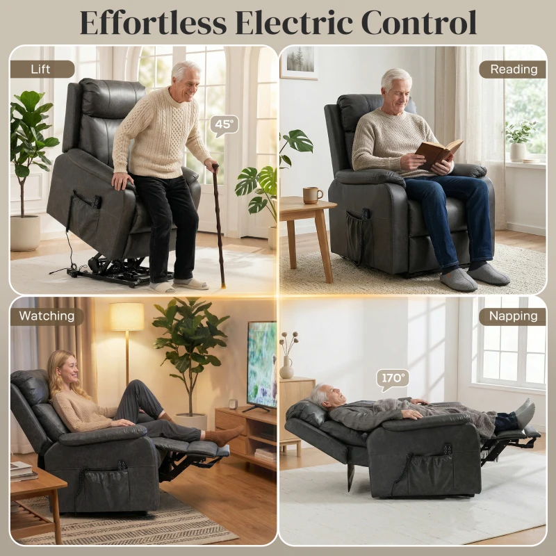 HOMCOM Fotel dla seniorów z funkcją podnoszenia i relaksu, elektryczny fotel z ekoskóry, podwójny silnik, sprężyny kieszeniowe, czarny