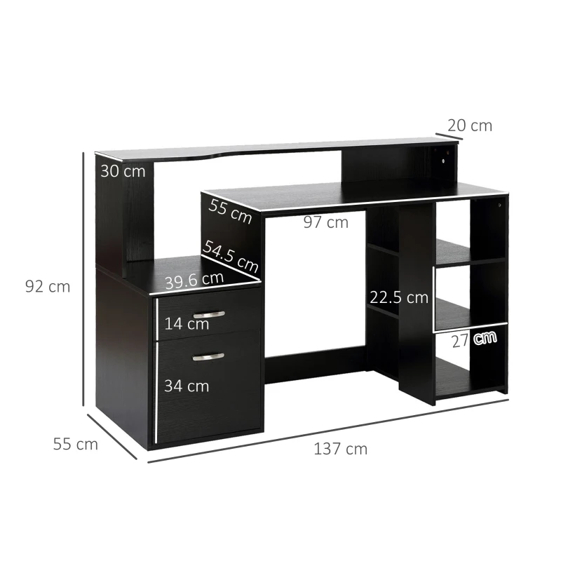 HOMCOM Birou pentru calculator cu 2 sertare, birou cu depozitare, 137 x 55 x 92 cm, rafturi deschise și poliță pentru imprimantă, stil modern, masă pentru calculator pentru dormitor, studio, negru
