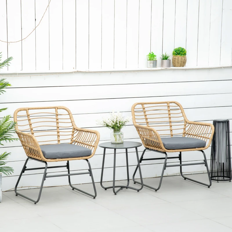 Outsunny Ensemble Bistro de Jardin 2 Places 3 pièces Style Exotique 2 fauteuils + Table Basse résine tressée Beige Acier époxy Gris