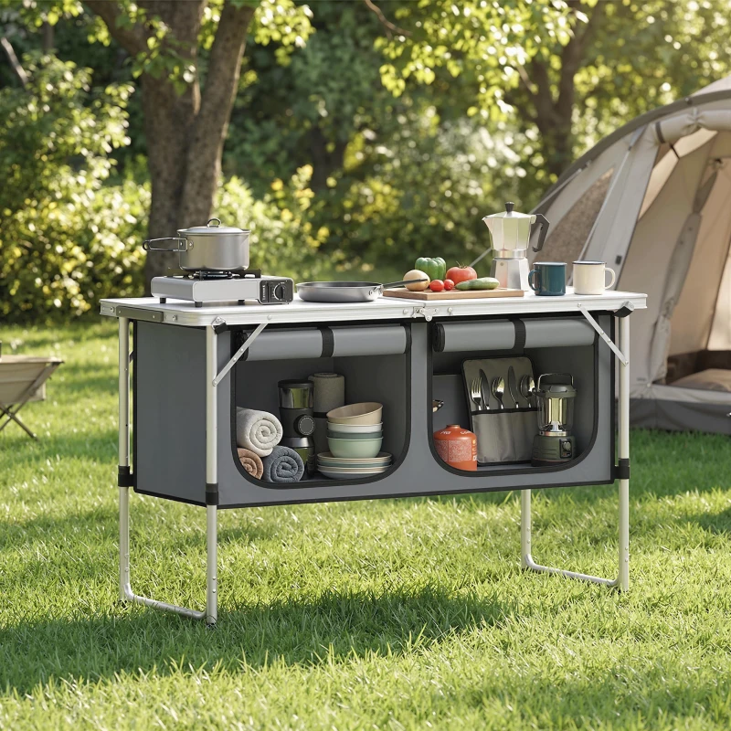 Outsunny Mesa de Cocina de Camping Plegable con Armario de Tela Oxford Marco de Aluminio para Picnic 120x47x70 cm Plateado
