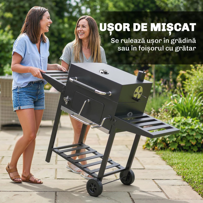 Outsunny grătar pe cărbune, grilă reglabilă, rafturi rabatabile, termometru.