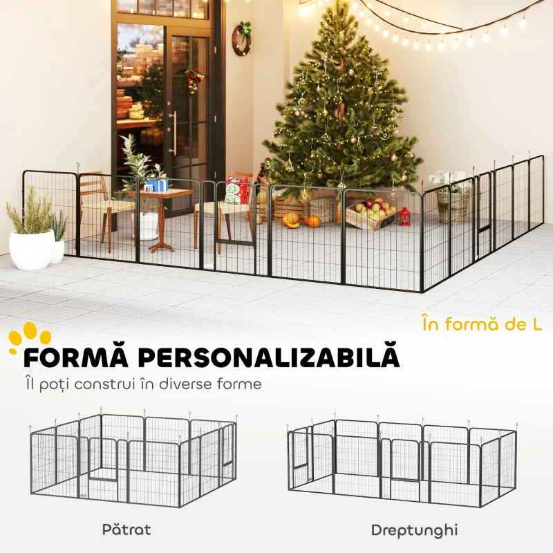 PawHut Țarc pentru Câini cu 12 Panouri Modulabile de 68x1.5x80cm din Oțel Negru cu Ușă de Intrare