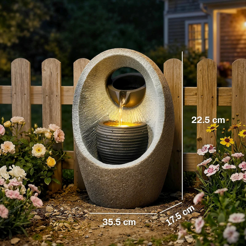 Outsunny Water Feature with 2-Tier Bowls, Garden Water Fountain with Pump and LED Lights, Resin Cascading Waterfall