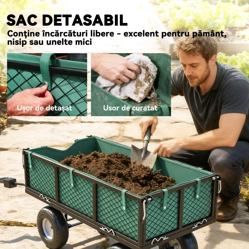 Outsunny Cărucior de Grădină de 114L cu Pereți Laterali Detașabili și Mâner Rotativ, 105x51x54 cm, Negru