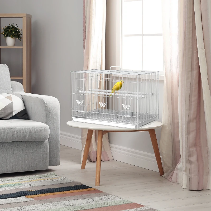 PawHut Cage pour oiseaux avec mangeoire poignée cadre en métal plateau coulissant 60 x 41 x 41 cm blanc