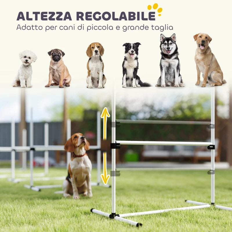 PawHut Set di 4 Ostacoli Agility Dog per Addestramento Cani ad Altezza Regolabile con Borsa da Trasporto Inclusa, 99x65x94cm, Bianco