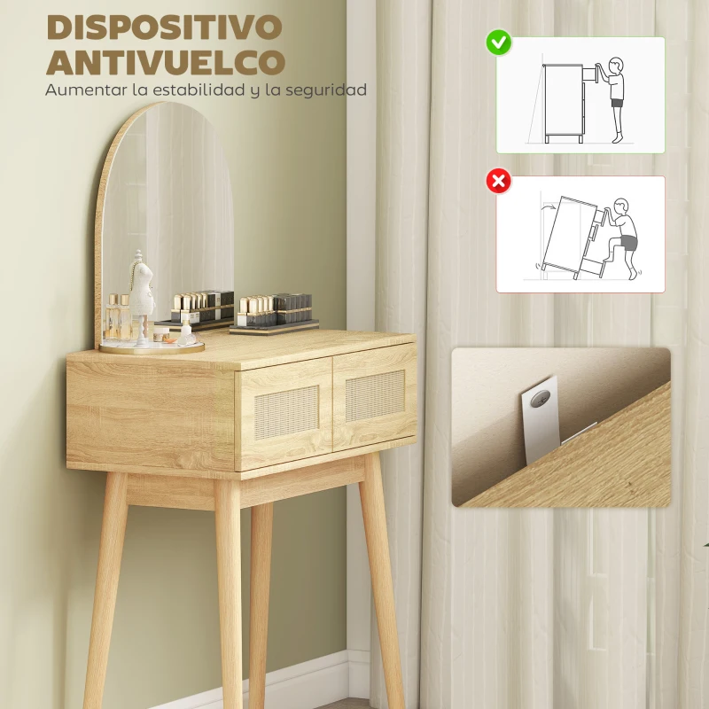 HOMCOM Tocador de Maquillaje con Espejo Arqueado 2 Cajones con Frontal de Ratán para Espacios Pequeños Natural