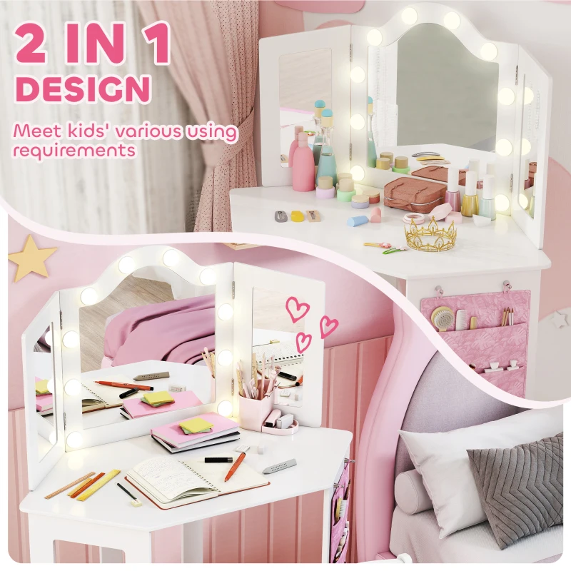 AIYAPLAY Kids Dressing Table and Stool Set, Girls Vanity Table with 2-Colour LED Lights, Tri-Folding Mirror, White