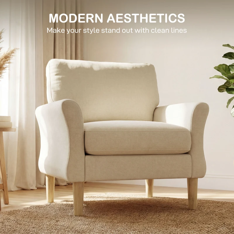 HOMCOM Aksamitny fotel z drewnianymi nogami, szeroki fotel wypoczynkowy do salonu i sypialni, kremowy