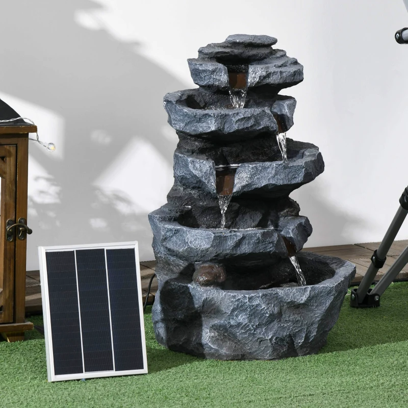 Outsunny Fontaine de jardin à énergie solaire roche en cascade à 5 niveaux en résine avec lumières LED et pompe gris
