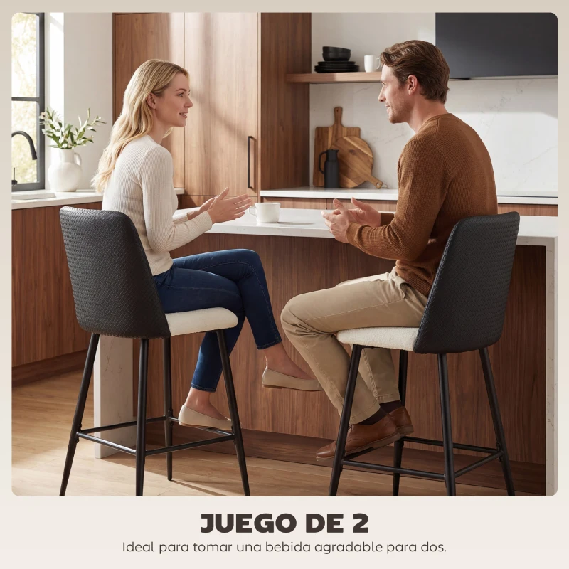 HOMCOM Juego de Taburetes Altos de Cocina con Respaldo y Reposapiés Tapizados de Lino y PU Marco de Acero Negro
