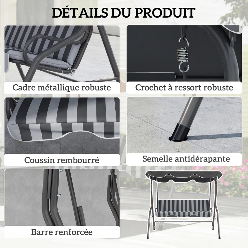 Outsunny Balancelle de Jardin 3 Places Toit imperméabilisé Inclinaison réglable Coussins Assise Dossier gris, blanc rayé