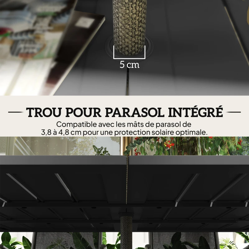 Outsunny Table de jardin pour 4 à 6 personnes, table à manger extérieure trou pour parasol plateau à lattes 150 x 90 x 73 cm noir