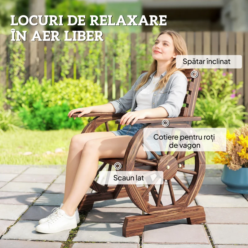 Outsunny Bancă de Grădină din Lemn cu Lamele 1 Loc, Scaun de Exterior cu Cotiere și Roată, Fotoliu din Lemn Masiv, Șezut Spațios, Spătar Înclinat, Grădină, Curte, Verandă, Finisaj Carbonizat