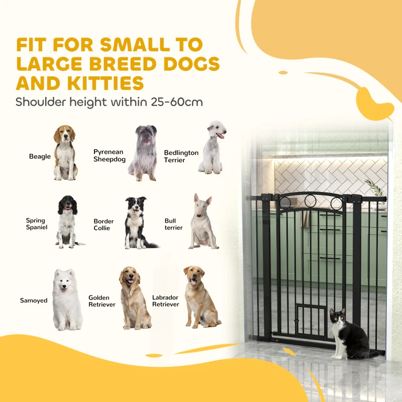 PawHut 106 cm Wysoka Bramka dla Zwierząt z Regulowaną Szerokością, Wbudowane Drzwiczki dla Kota, dla Schodów i Drzwiowych Ram, Czarna