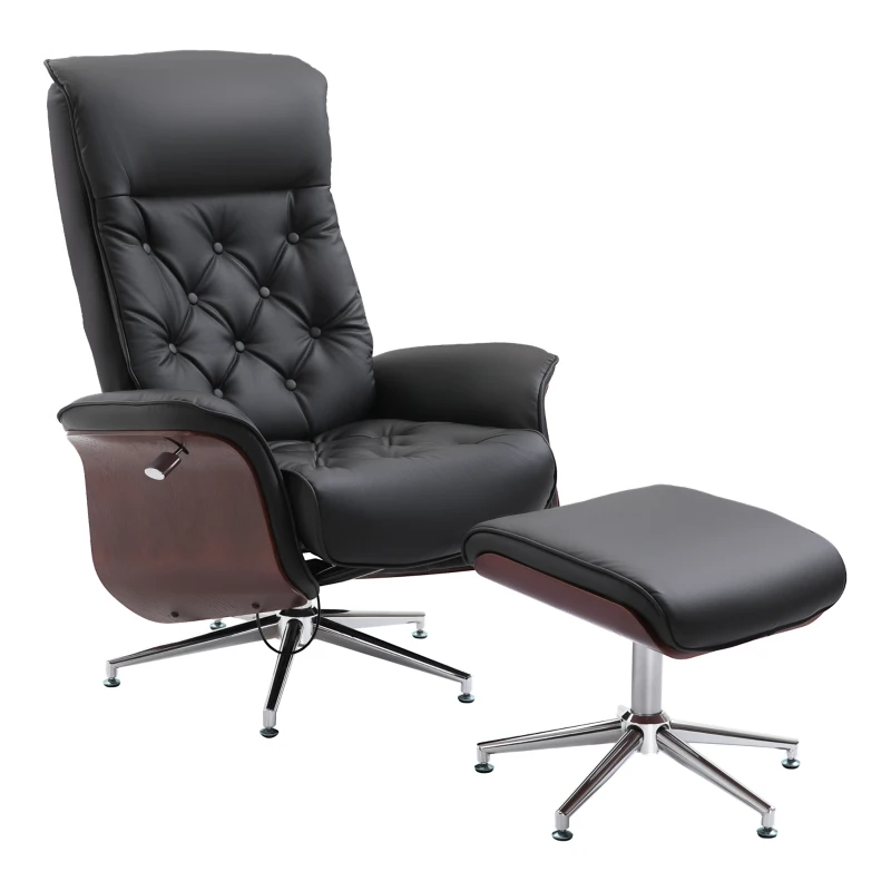 HOMCOM Fotoliu de relaxare cu taburet Fotoliu TV Fotoliu tapițat rotativ 360° înclinabil 145° cu design retro Chesterfield tapițerie PU placare lemn picior metalic Negru 82 x 83 x 110 cm