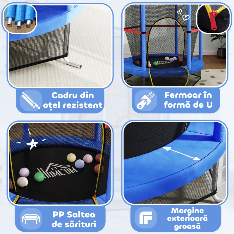HOMCOM Trambulină pentru Copii 3-6 Ani cu Plasă de Protecție, 6 Coloane și 3 Intrări, Ø140x190 cm, Albastru și Negru