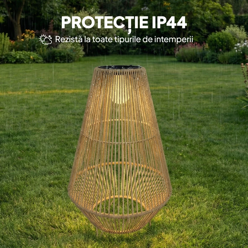 Outsunny Lampă Solară Impermeabilă cu Aprindere Automată, din Ratan și Oțel, 35x35x55 cm, Galben