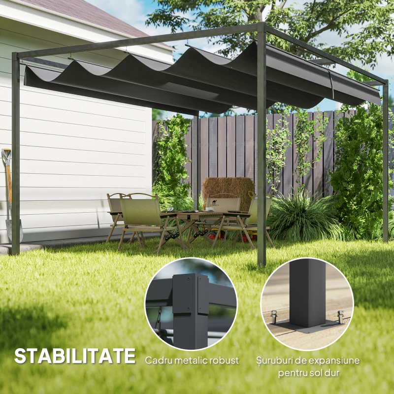 Outsunny Pergolă 3x2 m cu Acoperiș Retractabil, Orificii de Drenaj, Țepușe și Șuruburi, Pergolă de Grădină din Poliester și Metal, pentru Terasă, Curte, Exterior, Negru