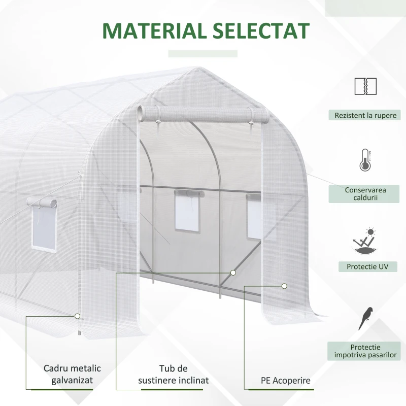 Outsunny Seră Tip Tunel Anti-UV cu 6 Ferestre cu Plasă și Intrare Rulabilă, Metal și PE, 4x2x2 m, Alb