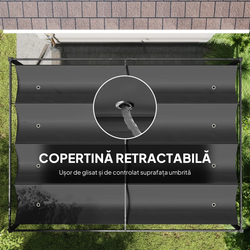 Outsunny Pergolă 3x2 m cu Acoperiș Retractabil, Orificii de Drenaj, Țepușe și Șuruburi, Pergolă de Grădină din Poliester și Metal, pentru Terasă, Curte, Exterior, Negru