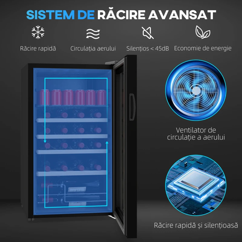 HOMCOM Frigider pentru vinuri de 63L cu rafturi reglabile pentru 16 sticle și 25 de doze, 43x45x74 cm, negru