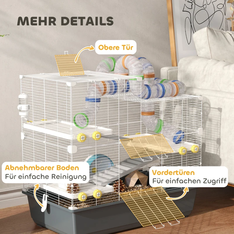 PawHut Cușcă pentru hamster pitic, 4 nivele, sistem de tuneluri, căsuță, accesorii, deschidere superioară, 78 x 45 x 73 cm, Gri
