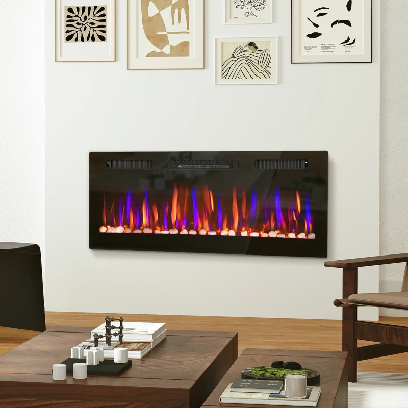 HOMCOM Chimenea Eléctrica Pared Empotrable Ultrafina con Llama 3D Brillo/Velocidad Ajustable y 12 Colores Guijarros 900/1800W