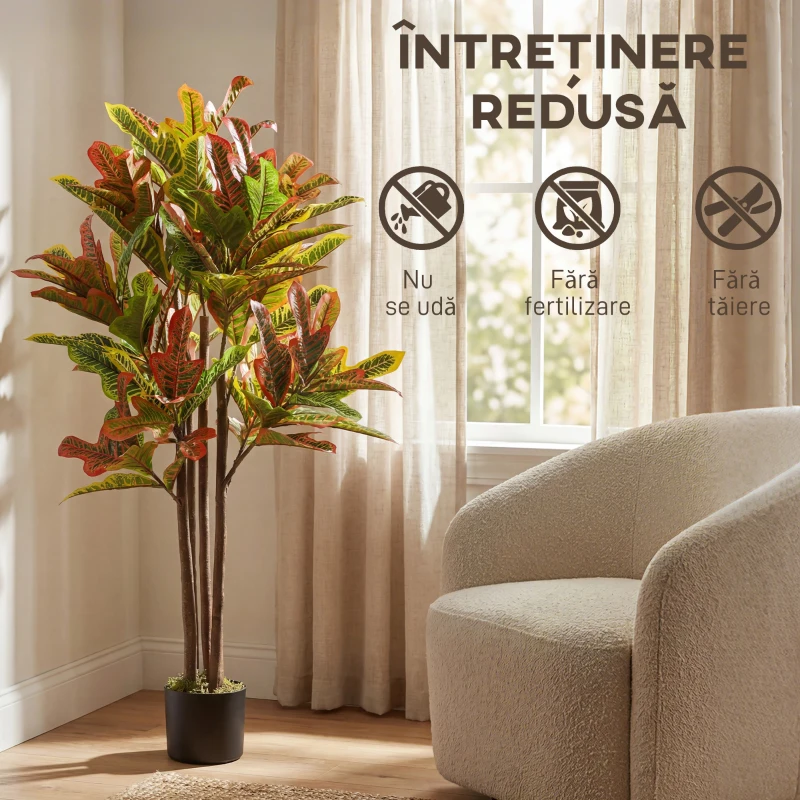 HOMCOM Plantă Artificială Croton cu 139 Frunze Modelabile și Ghiveci Alb din PP și Ciment, Plantă Falsă din PEVA și Lemn, 55x55x120 cm, Multicolor