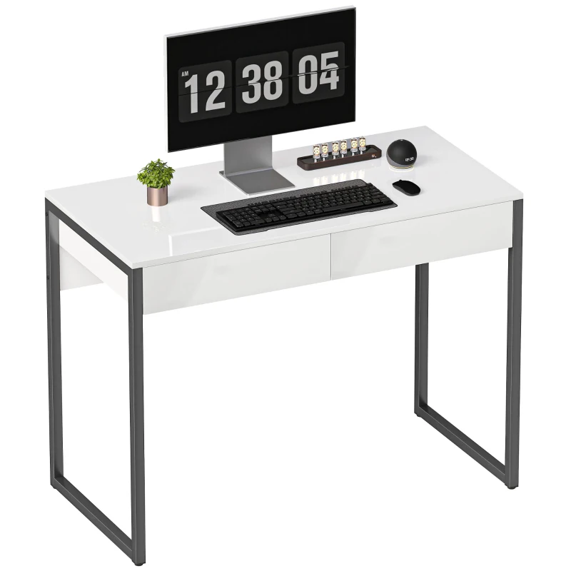 HOMCOM High Gloss Work Table, with Drawers - White