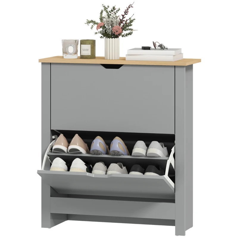 HOMCOM Slim Shoe Cabinet, Narrow Shoe Cupboard with 2 Flip Drawers, Adjustable Shelves for 12 Pairs of Shoes, Light Grey