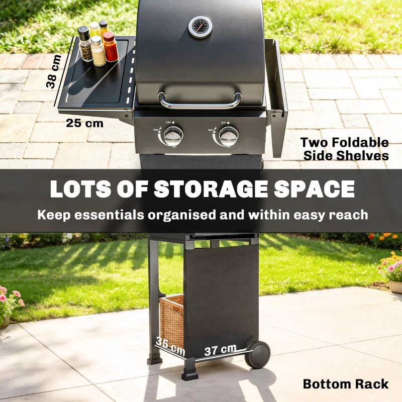 Outsunny Grill gazowy 5,4 kW, 2 palniki, stalowy wózek grillowy z termometrem, chromowany ruszt i półka do podgrzewania