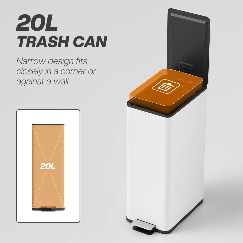 HOMCOM Kosz na śmieci 20L, ciche zamykanie, miejsce na dezodorant, odporność na odciski palców, stal nierdzewna, biały