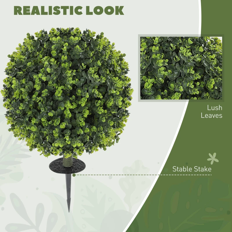 HOMCOM Set of 2 40 cm Artificial Boxwood Topiary Ball Bush with Integrated Ground Stake, Indoor Outdoor UV Resistant Faux Greenery, Faux Plants for Garden, Porch, Balcony