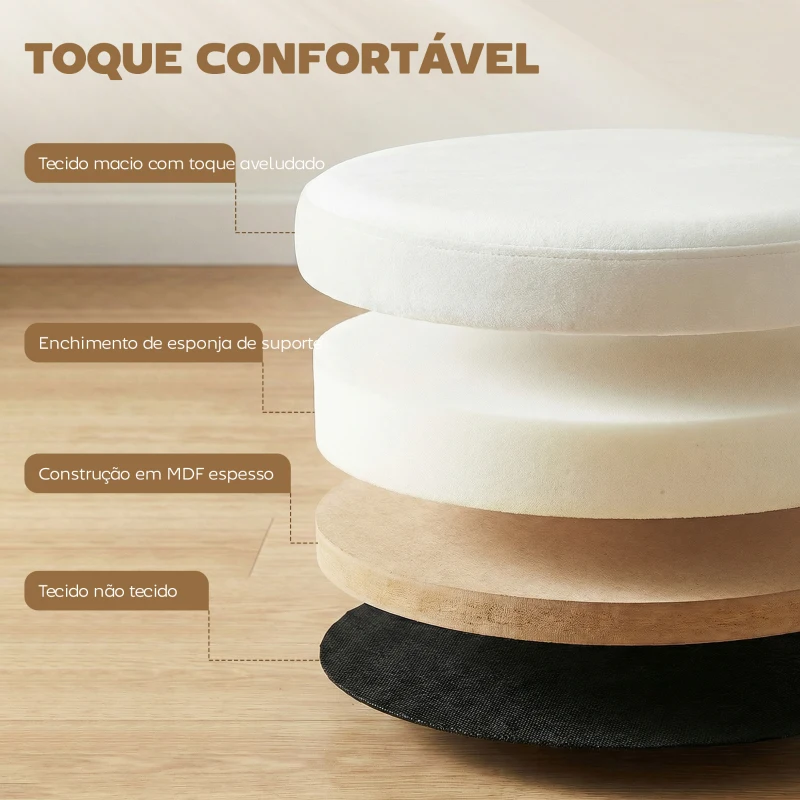 HOMCOM Puff de Arrumação Banco de Arrumação Dobrável 35 L 38x38x38 cm Estofado em Veludo Baú de Arrumação Redondo Creme