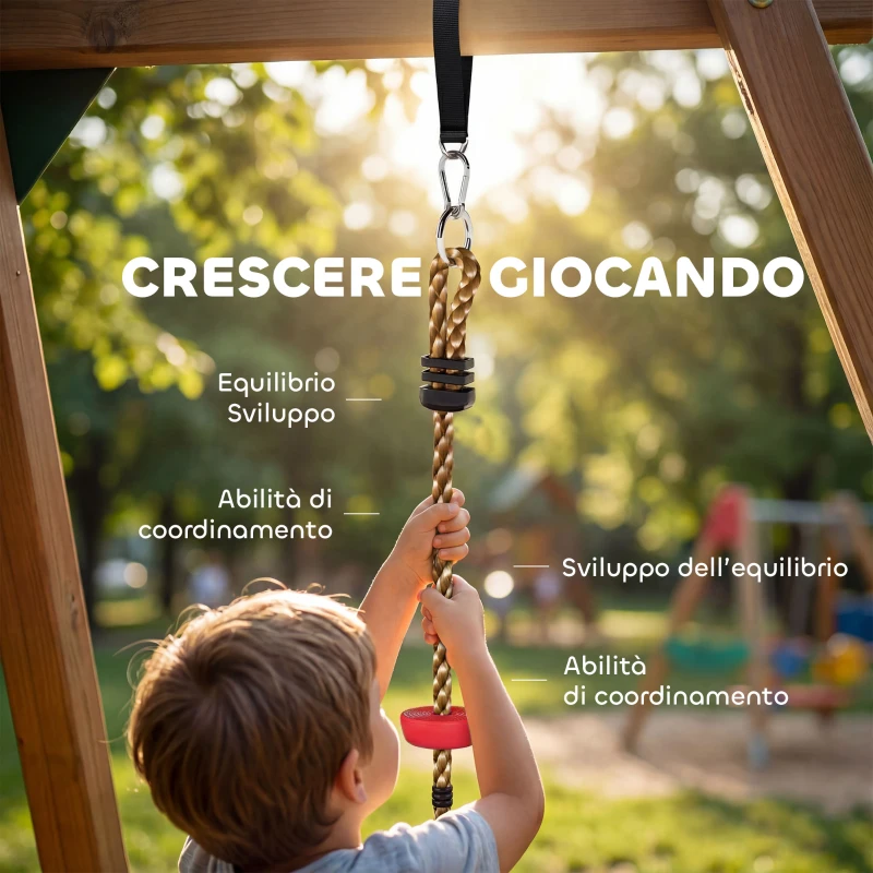 AIYAPLAY Corda Arrampicata Bambini con Pedane e Seduta a Disco, in HDPE e PE, Ø30x4 cm, Rosso