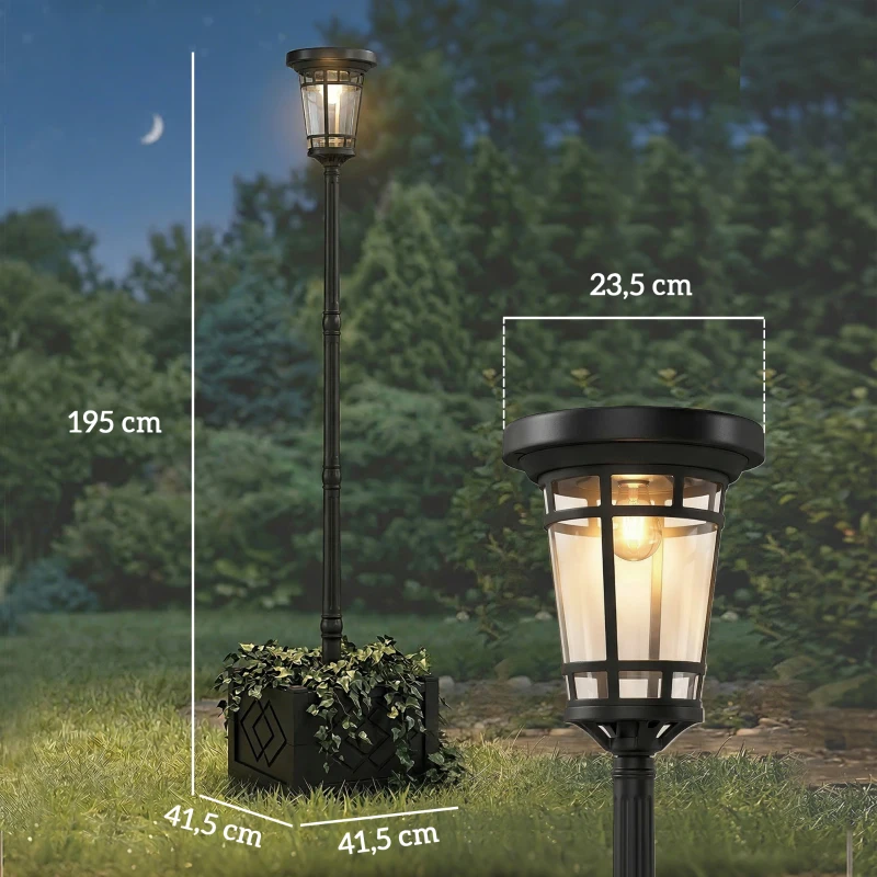 Outsunny Lanterna Solar Luminária de Poste com Vaso 195cm Exterior Lanterna de Jardim com 2 Níveis de Luminosidade Controle de Luz Interruptor IP44