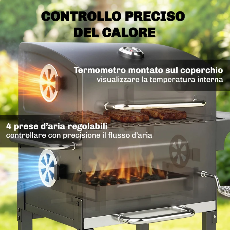 Outsunny Barbecue a carbone con termometro, Nero