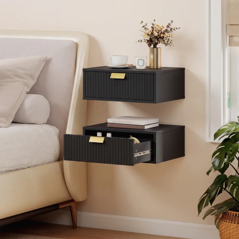 HOMCOM Modern Floating Nightstands Set of 2, Wall Mounted Bedside Tables with Wave Drawer Black